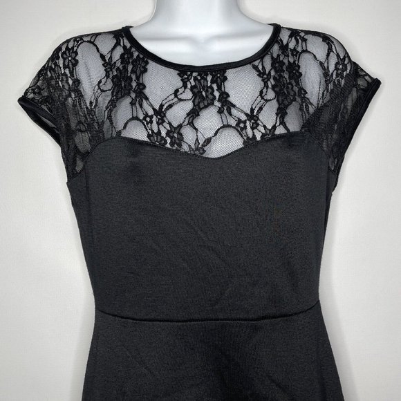 Rock Steady Retro Black Stretch Jersey Floral Mesh Lace Fit Flare Dress - Picture 2 of 8